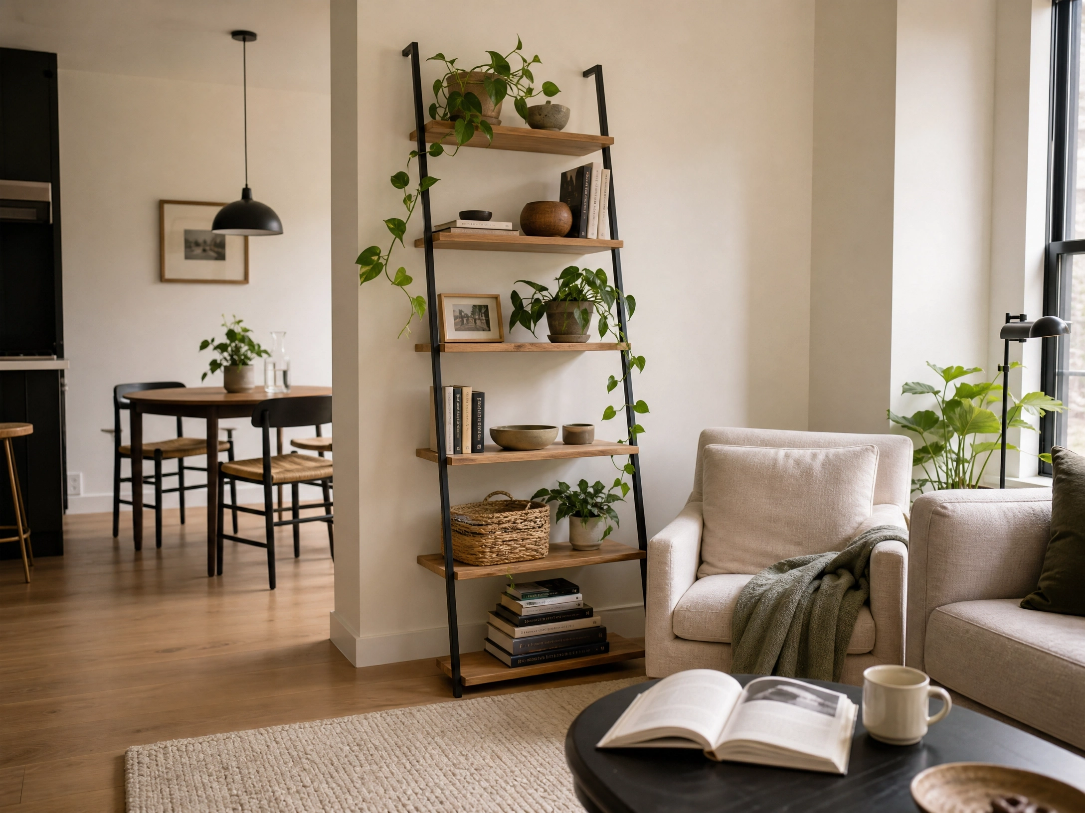 Leaning ladder shelf with plants and books separating a living room from a dining area.