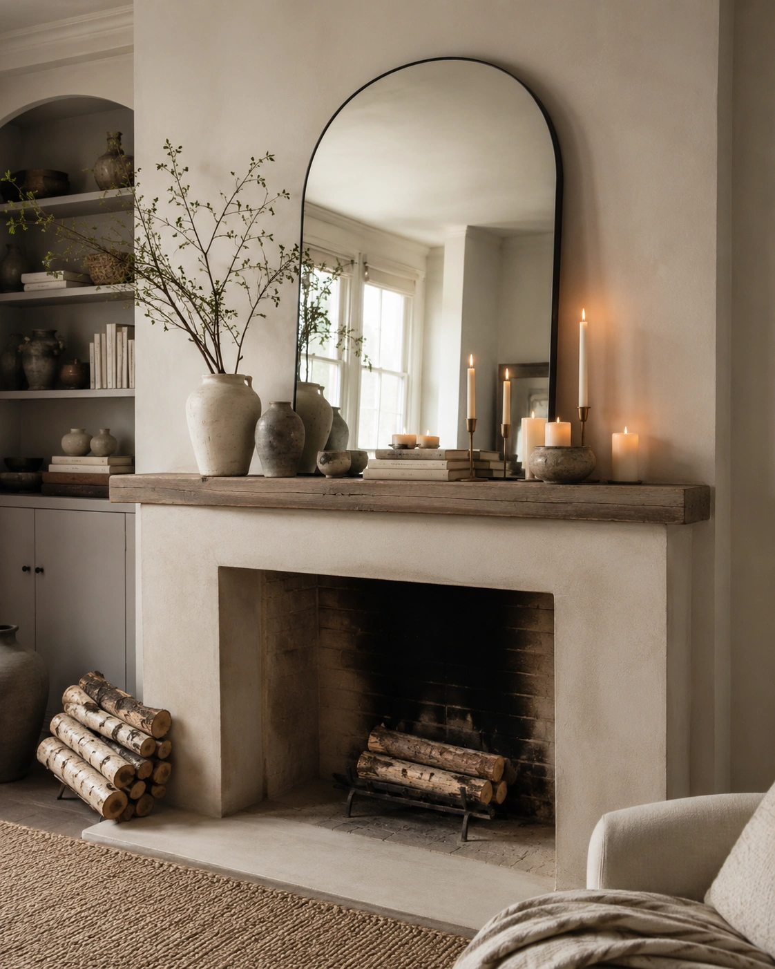Oversized arched mirror leaning over a fireplace mantel with ceramic vases, candles, and warm neutral decor.
