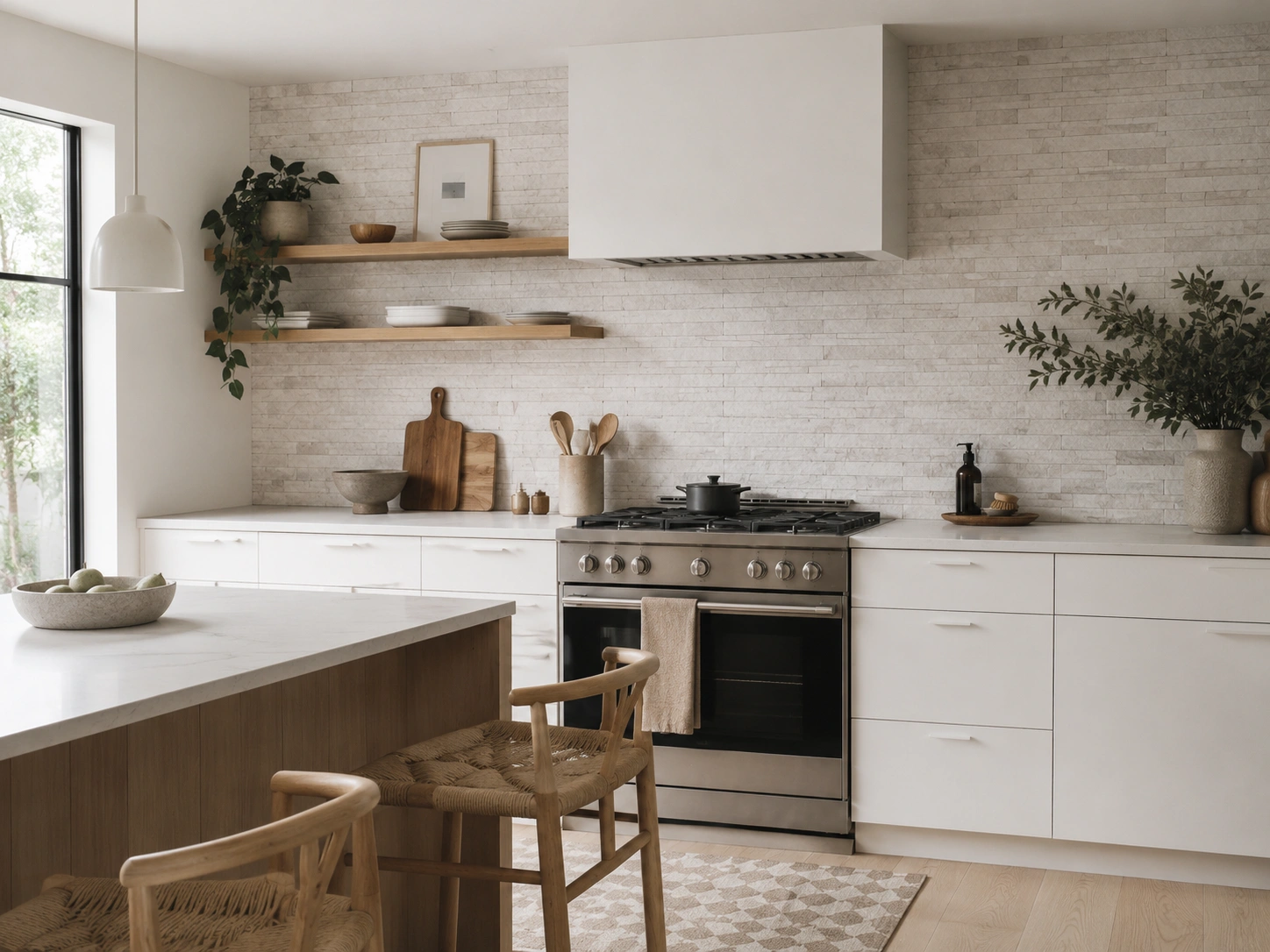 White Scandinavian kitchen with light ledger stone backsplash, white cabinets, wood shelves, and natural textures.
