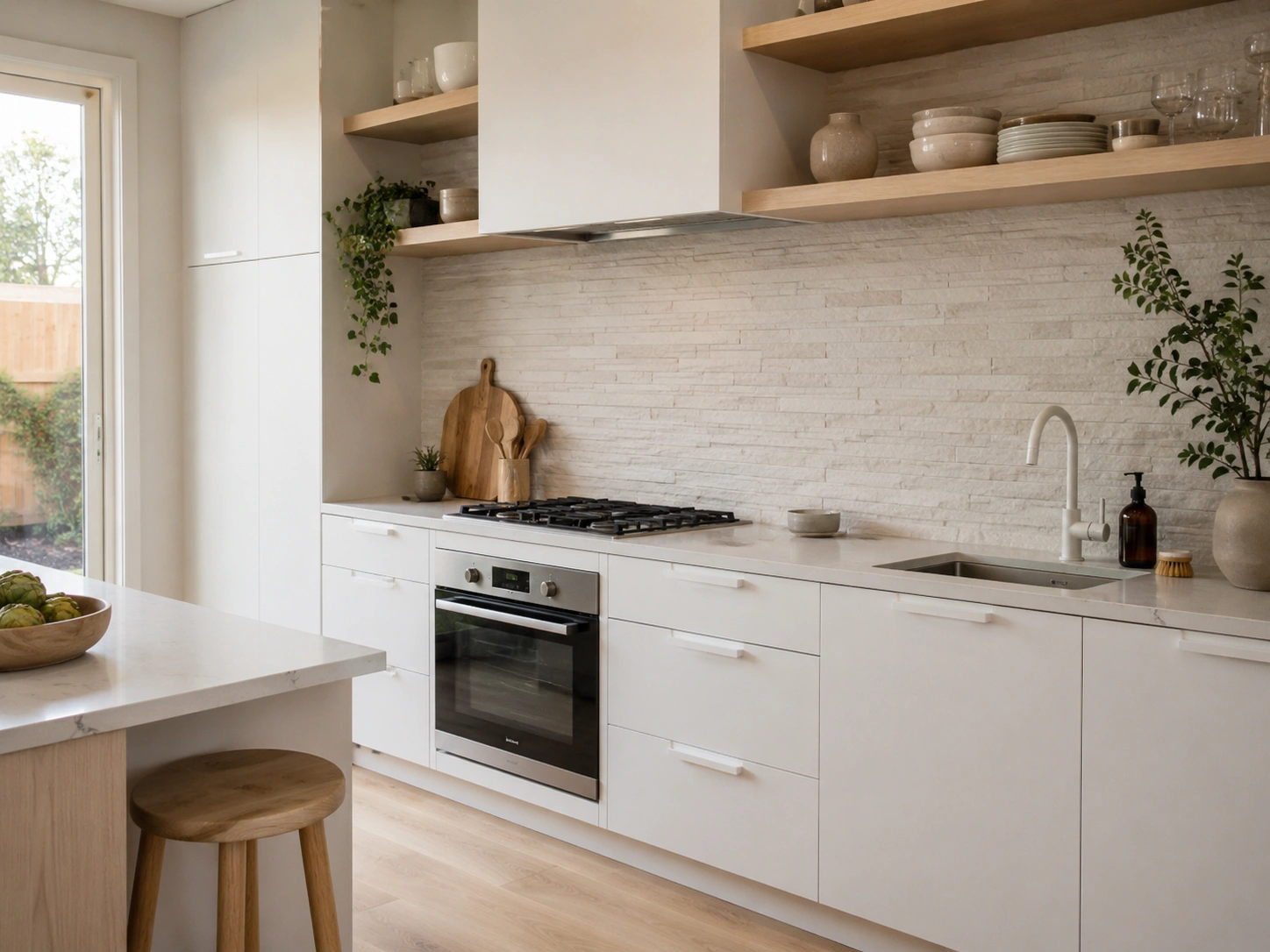 Light Ledger Stone in a White Scandinavian Kitchen for Subtle Texture Stacked stone doesn't have to read rustic. A pale grey quartzite or cream travertine ledger panel with a precise, tightly consistent linear cut brings tactile depth to a white Scandinavian kitchen without adding visual noise. The key is selecting stone with a controlled horizontal cut — architectural, not outdoorsy. MSI Surfaces carries lighter-toned ledger options suited to this direction. Pair with white oak accents and matte white hardware.