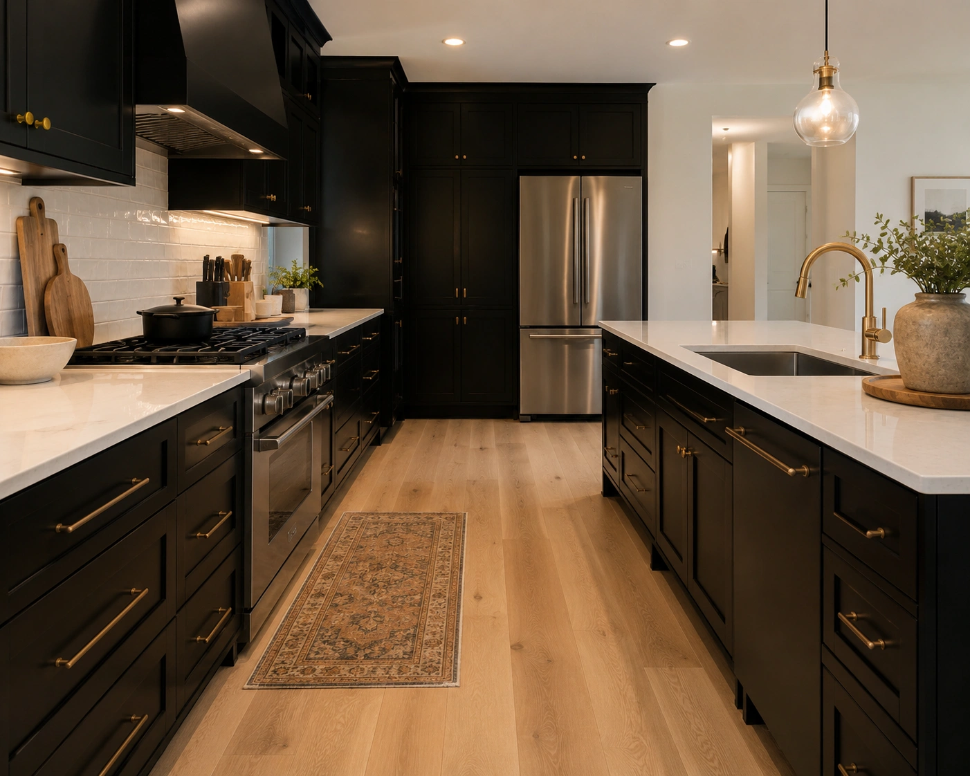 Black kitchen cabinets with brass hardware, white counters, and light wood flooring for balance.
