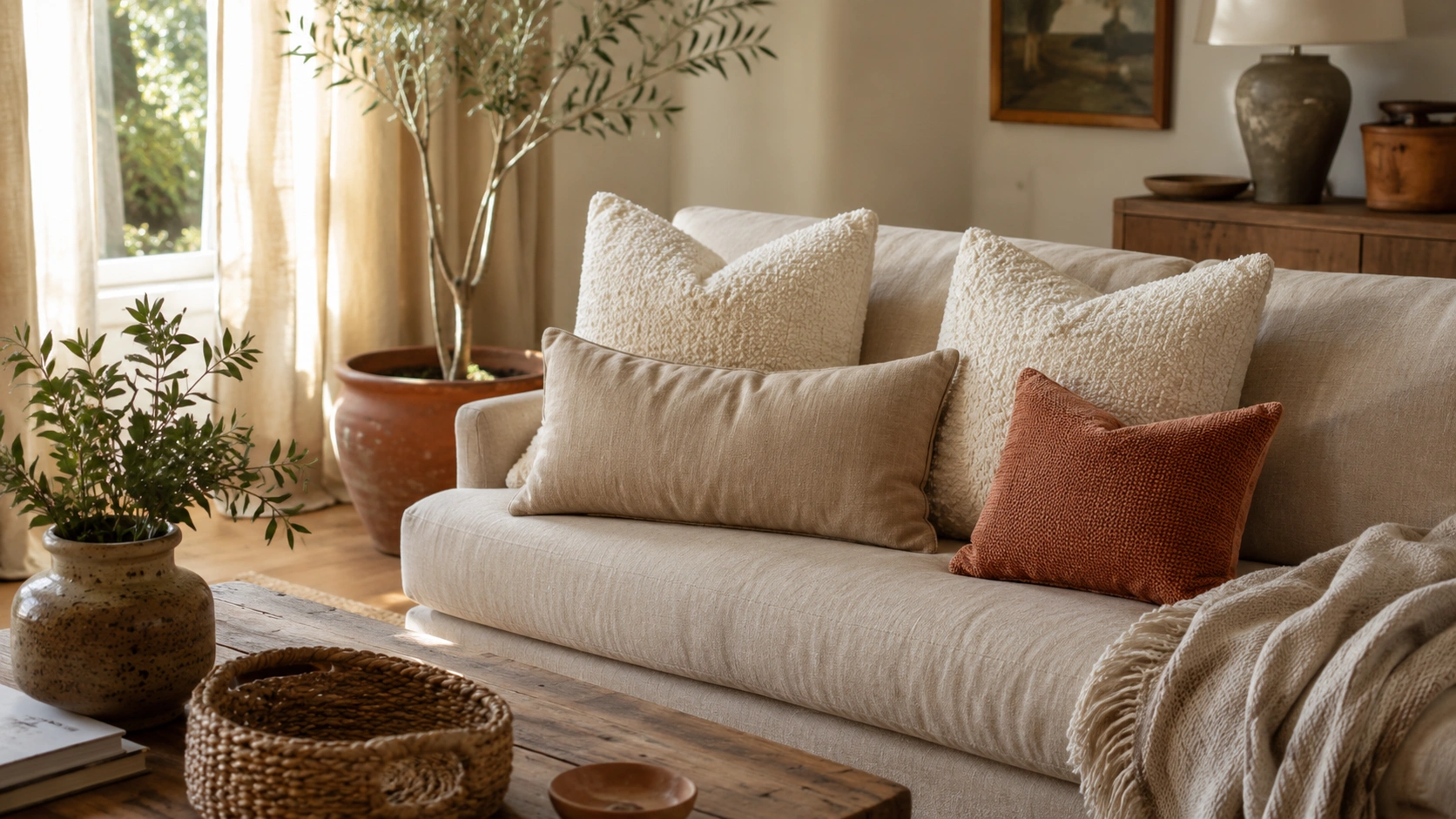 Linen sofa styled with boucle and linen throw pillows in a cozy earthy living room