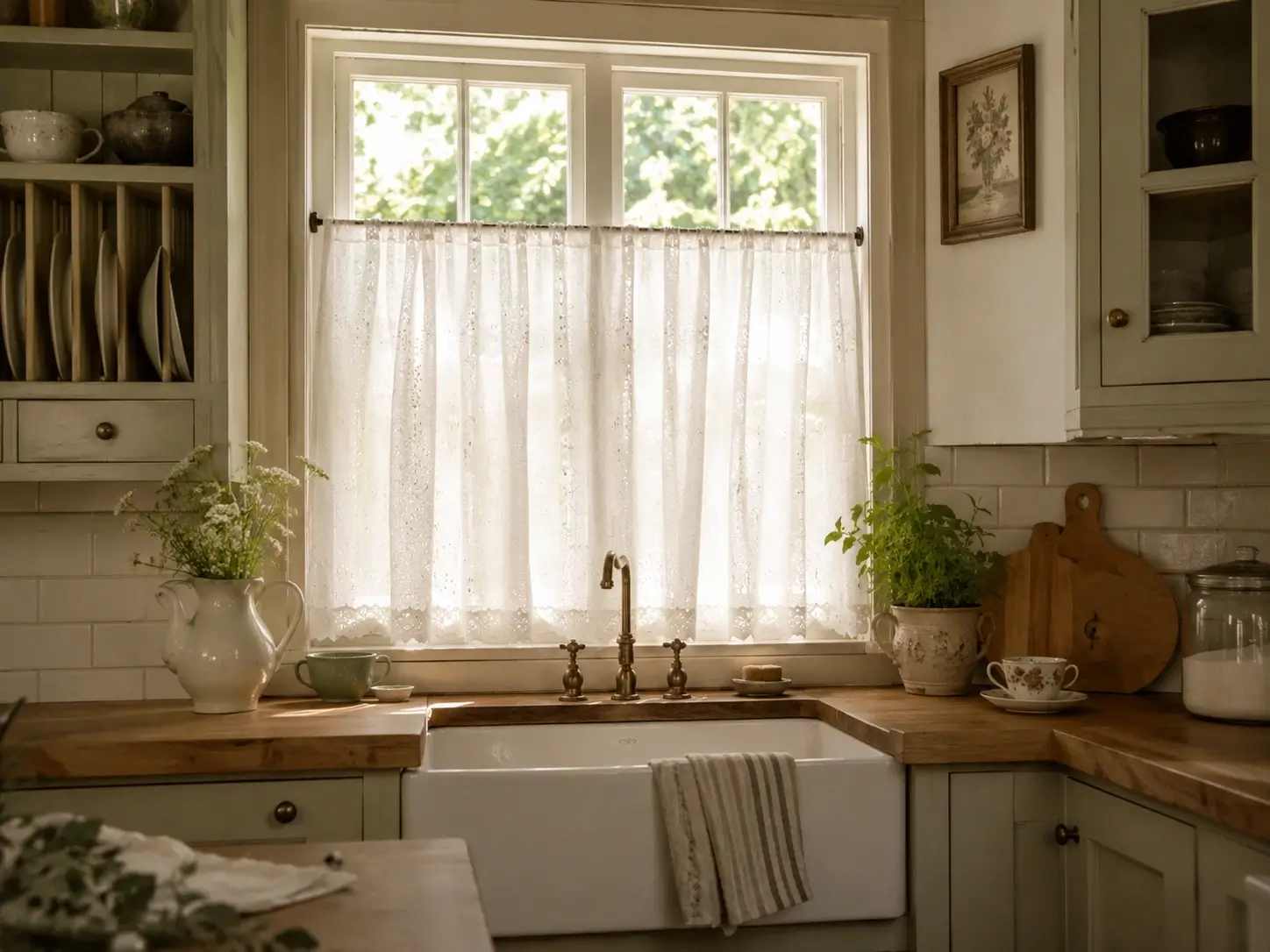 Lace café curtains covering a farmhouse kitchen window above a sink with wood counters and vintage decor.