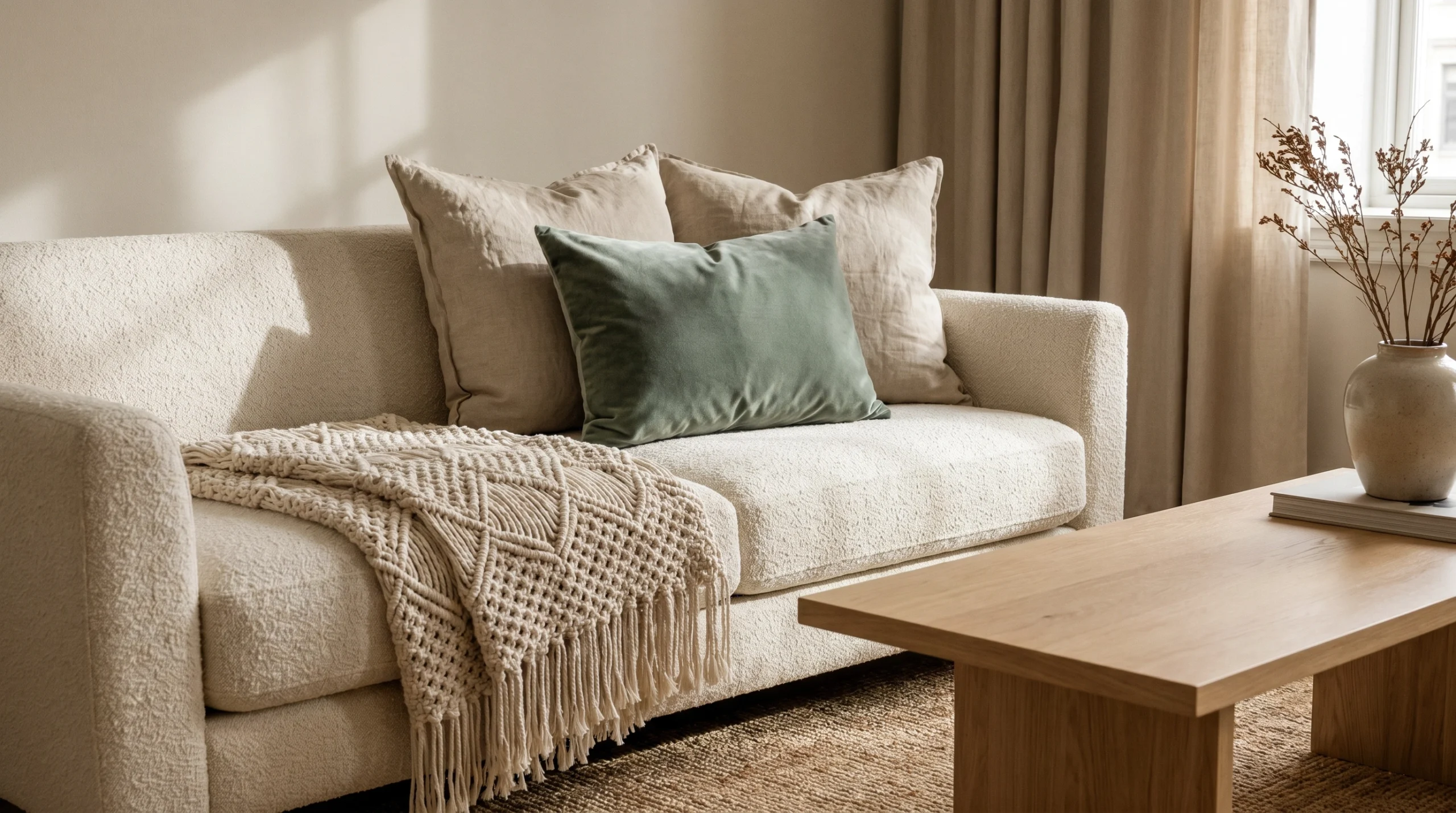 Neutral sofa styled with linen pillows, a sage velvet cushion, and a woven throw in a cozy living room.