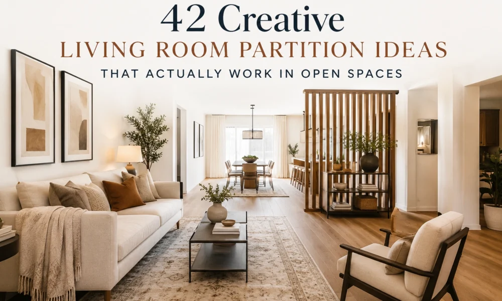 Open-plan living room with a wood slat partition, neutral sofa, dining area, and warm modern decor.