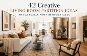Open-plan living room with a wood slat partition, neutral sofa, dining area, and warm modern decor.