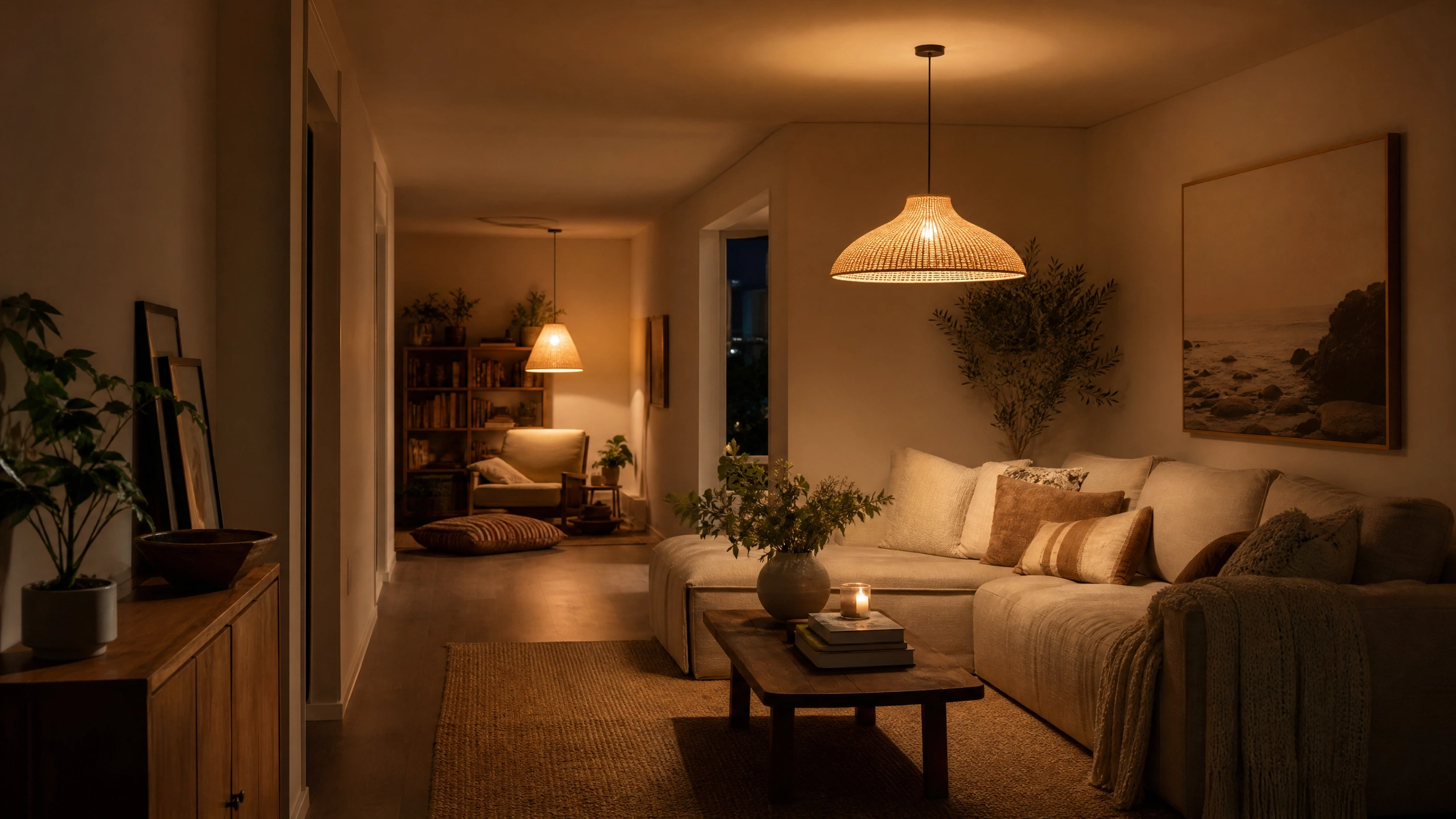 Warm long living room with separate seating zones anchored by woven pendant lights.