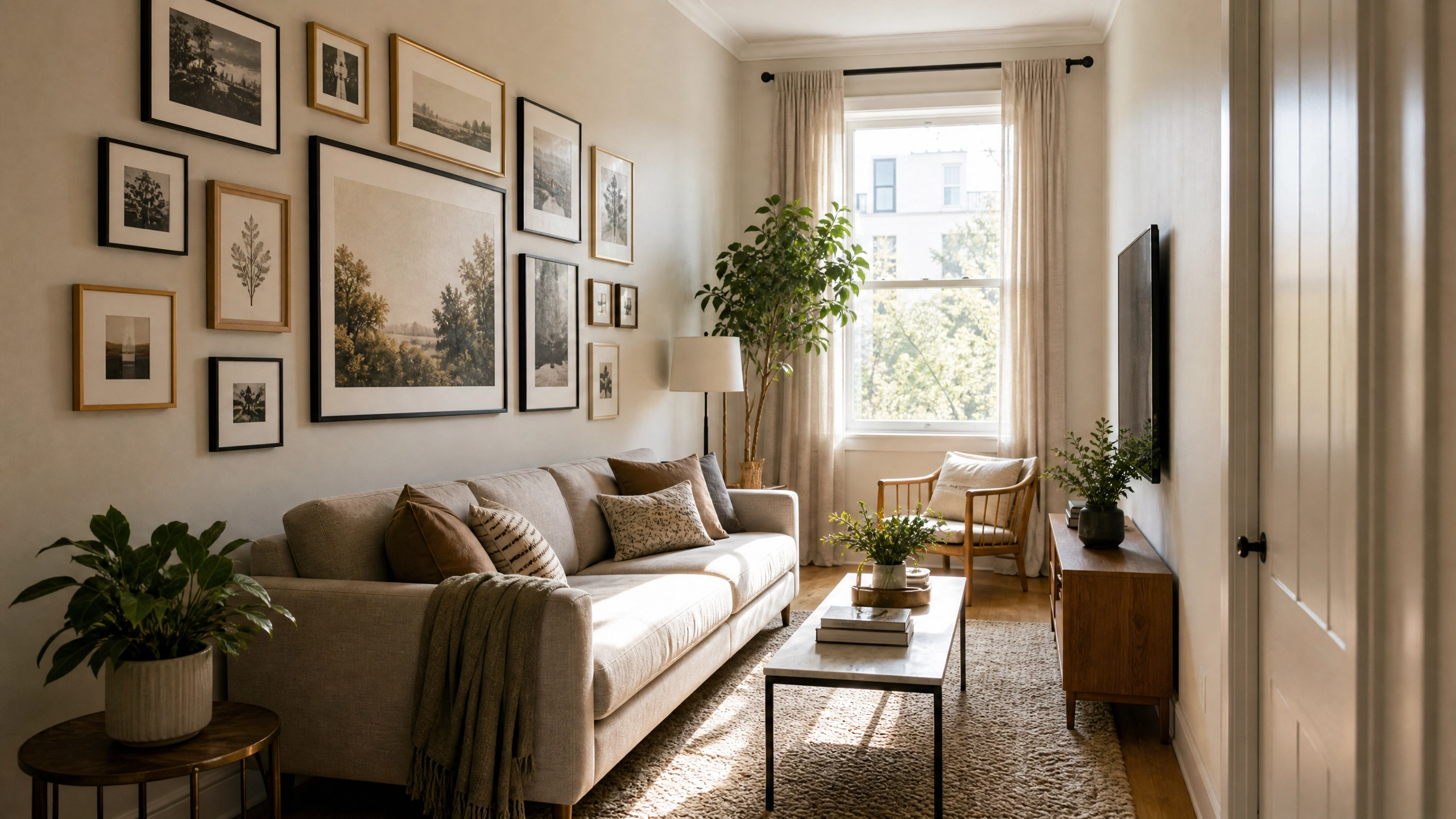 Long narrow living room with beige sofa, gallery wall, plants, window curtains, and slim TV console.