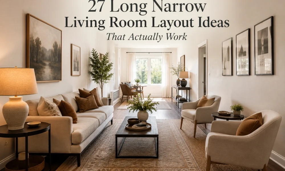 Long narrow living room with slim sofa, armchairs, narrow coffee table, layered rug, and clear walkway.