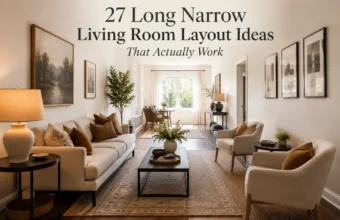 Long narrow living room with slim sofa, armchairs, narrow coffee table, layered rug, and clear walkway.