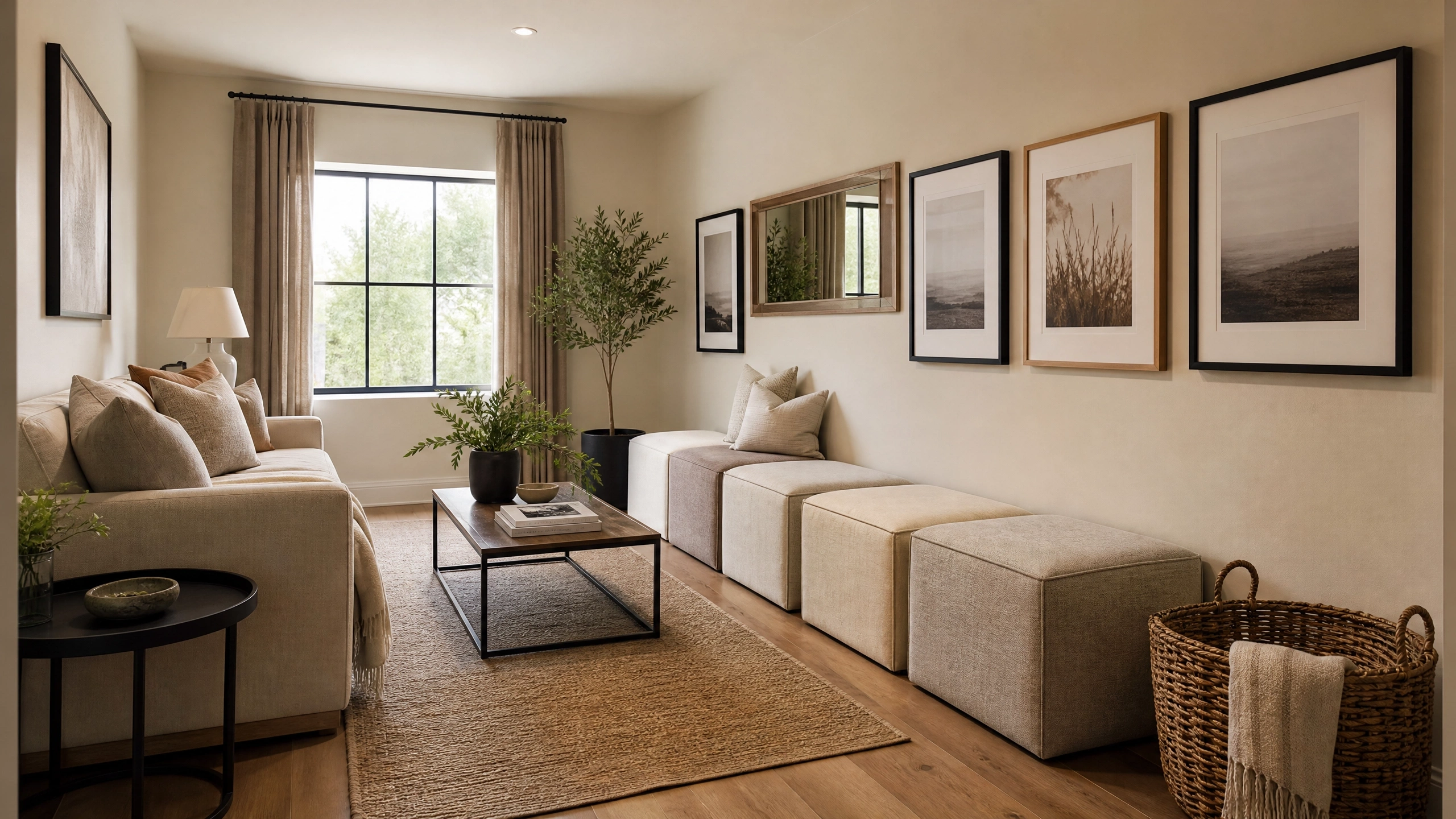 Long living room wall lined with beige storage ottomans beneath framed art and a mirror.