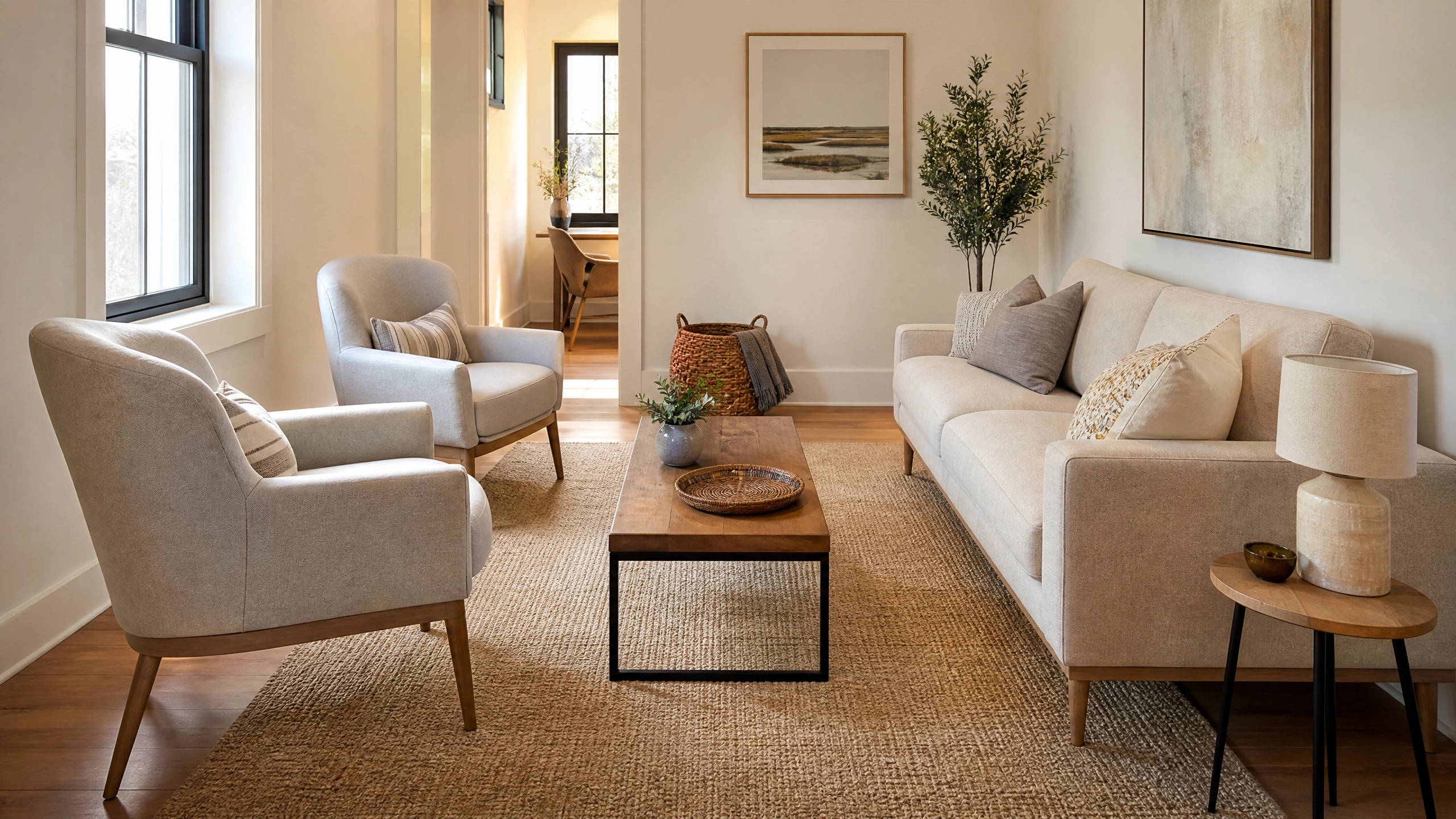 Loveseat and two armchairs arranged around a coffee table in a narrow neutral living room.