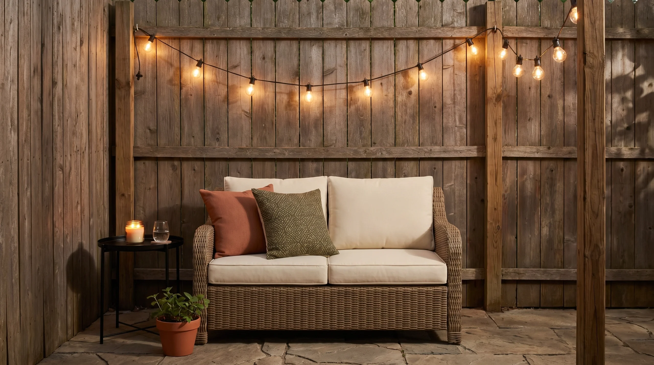 Wicker loveseat with cream cushions, warm string lights, pillows, candle, and potted plant on a small patio.