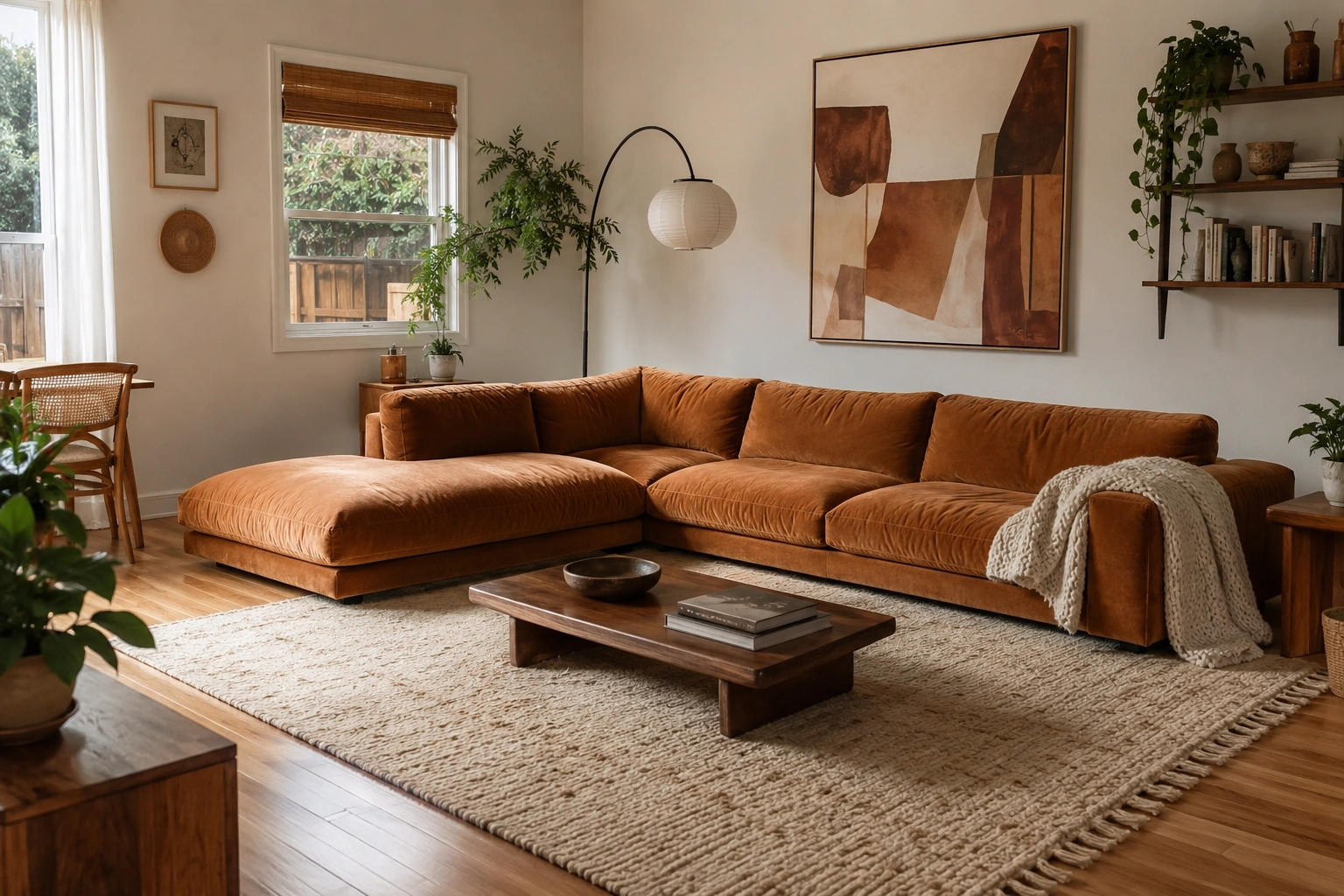 Low-slung rust velvet sectional in a warm 70s living room with plants, wood table, and neutral rug.