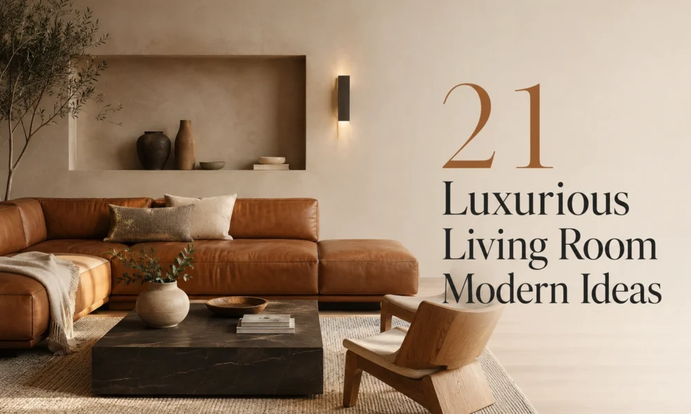 Luxurious modern living room with leather sofa, stone coffee table, neutral decor, and article title text.