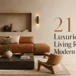 Luxurious modern living room with leather sofa, stone coffee table, neutral decor, and article title text.