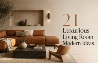 Luxurious modern living room with leather sofa, stone coffee table, neutral decor, and article title text.