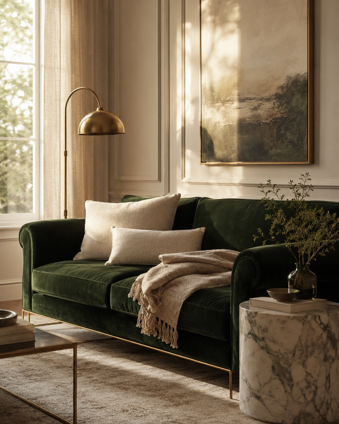 Luxurious modern living room with emerald green velvet sofa, brass floor lamp, cream pillows, and marble side table.