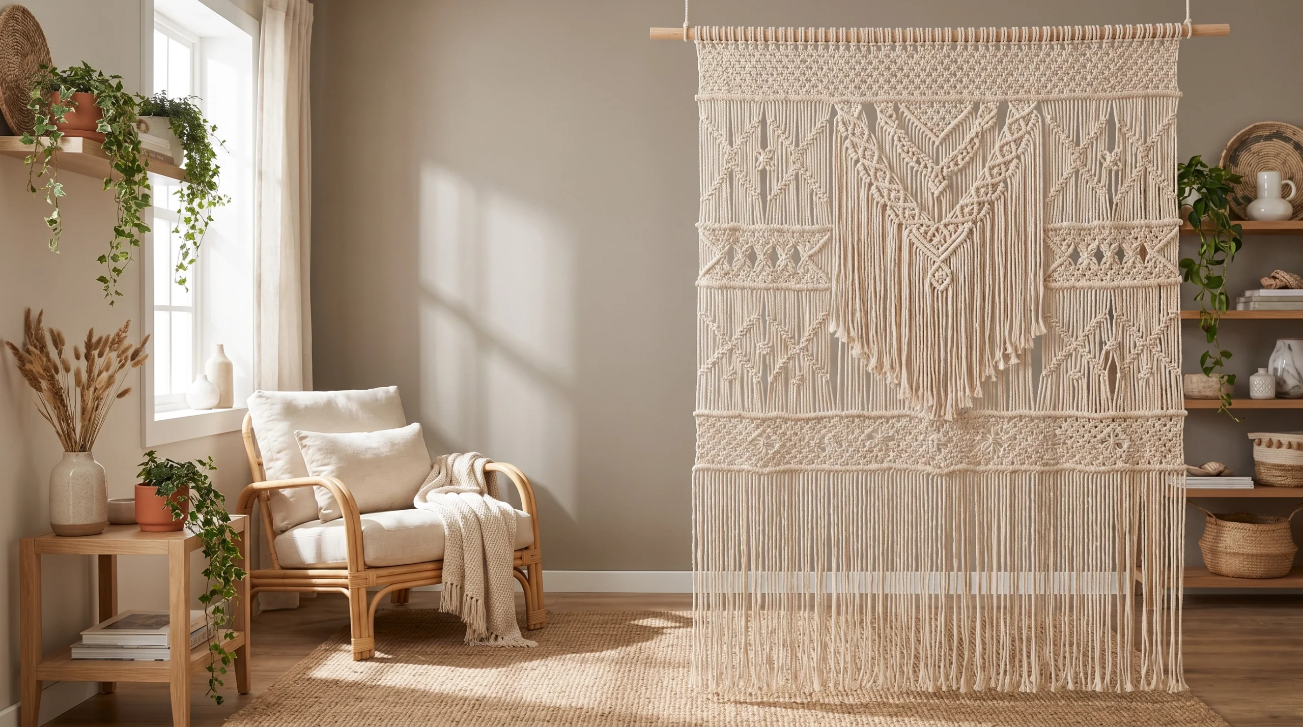 Macramé woven hanging panel used as a boho textile room divider in a cozy living room.