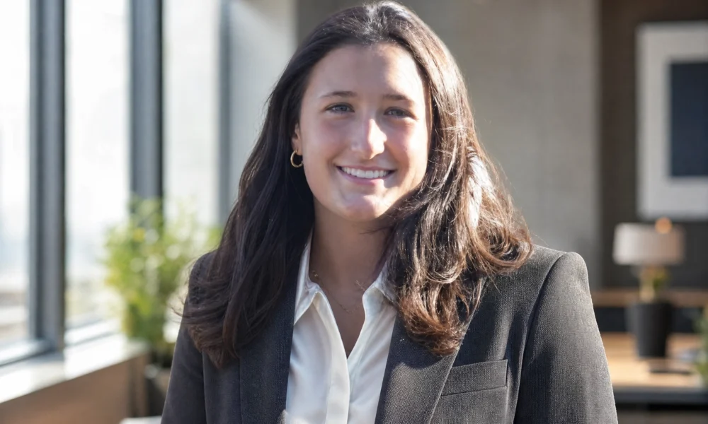 Macy Piersiak smiling in a black blazer and white shirt in a bright office setting.