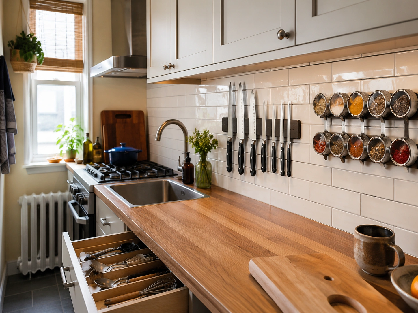 Small kitchen with magnetic knife strip and spice tin rail above a wooden countertop.