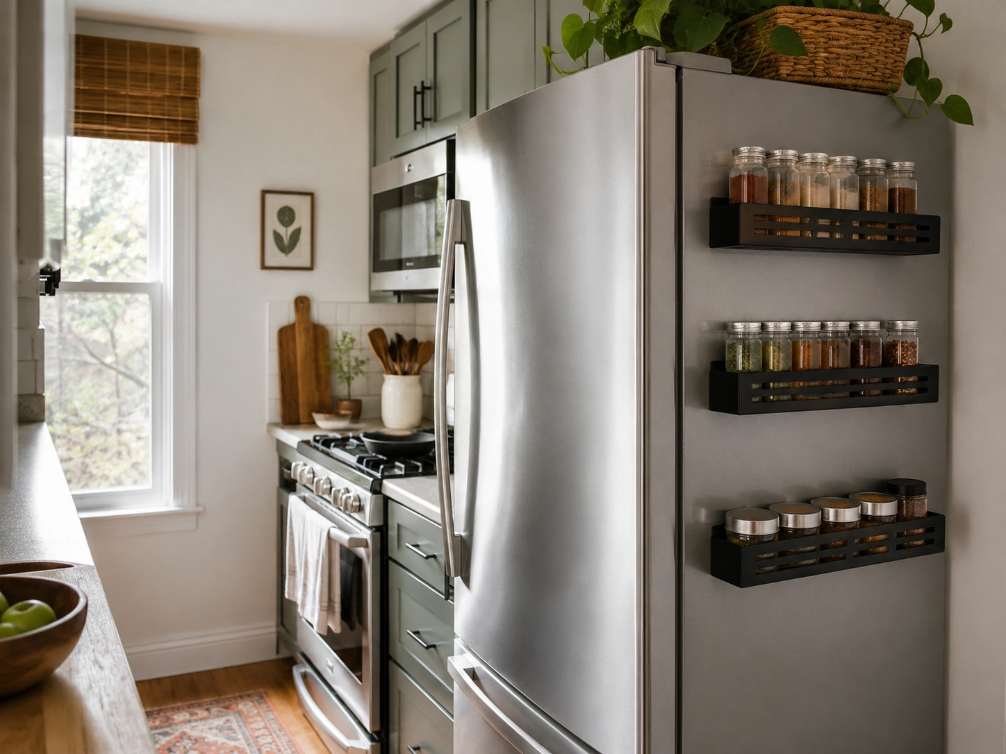 Magnetic spice racks mounted on the side of a fridge to organize spices in a small kitchen