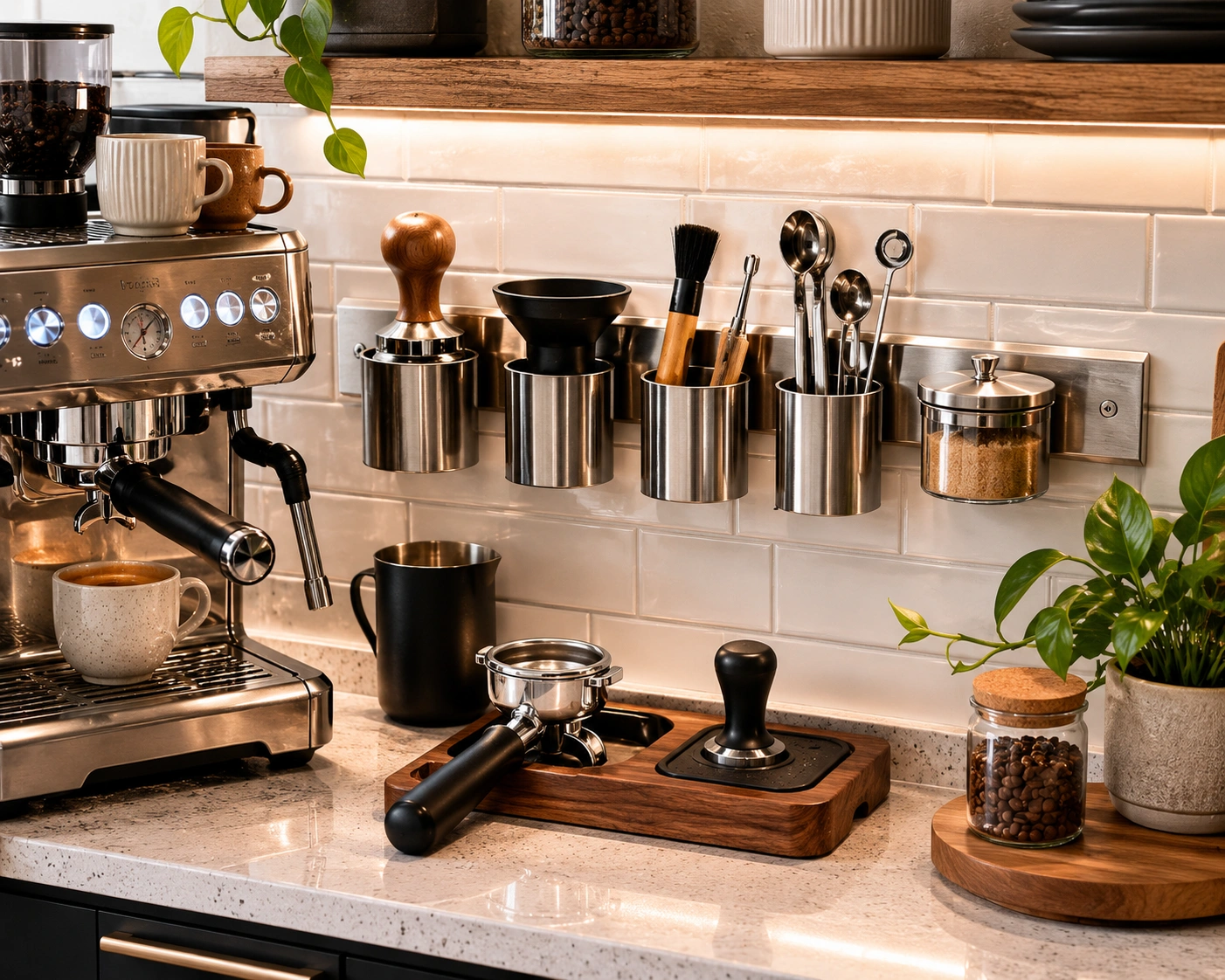 Magnetic backsplash strip holding coffee tools beside espresso machine in a warm home coffee station.