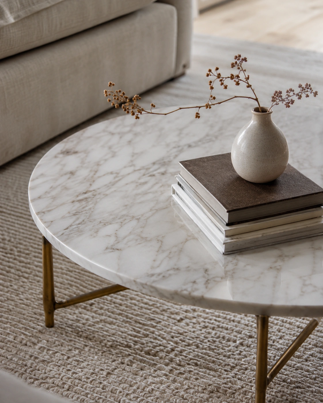 Round marble coffee table with brushed gold legs, art books, ceramic vase, and dried branch.