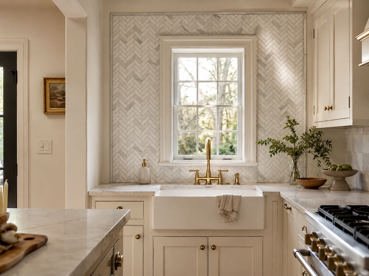 Marble herringbone mosaic tile backsplash behind a farmhouse sink with brass faucet in a cream kitchen.