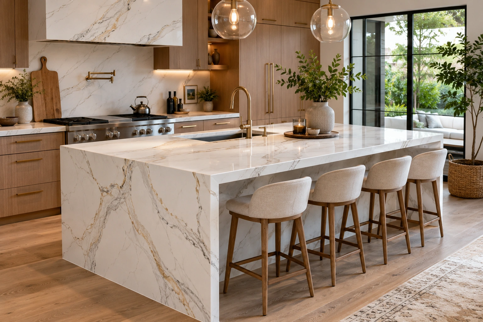 Marble-look quartz waterfall island with wood cabinets, brass fixtures, and upholstered counter stools.