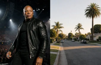 Split-frame editorial image showing a concert performer beside a quiet Los Angeles residential street, symbolizing Marcel Young’s private life away from fame.