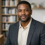 Marcel Young in a navy blazer seated in a bright office setting