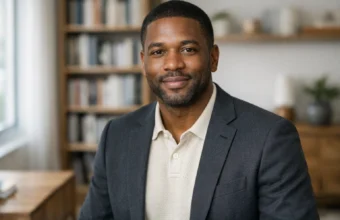 Marcel Young in a navy blazer seated in a bright office setting