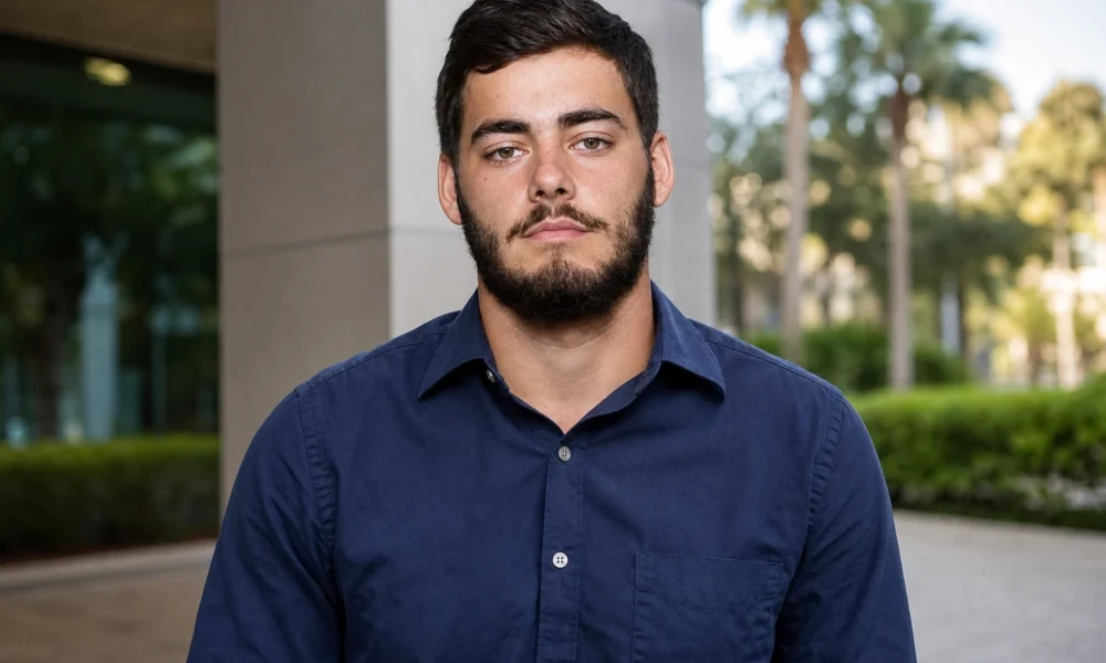 Mark Piccirillo in Tampa outdoor portrait wearing a navy shirt near palm trees and a modern building.
