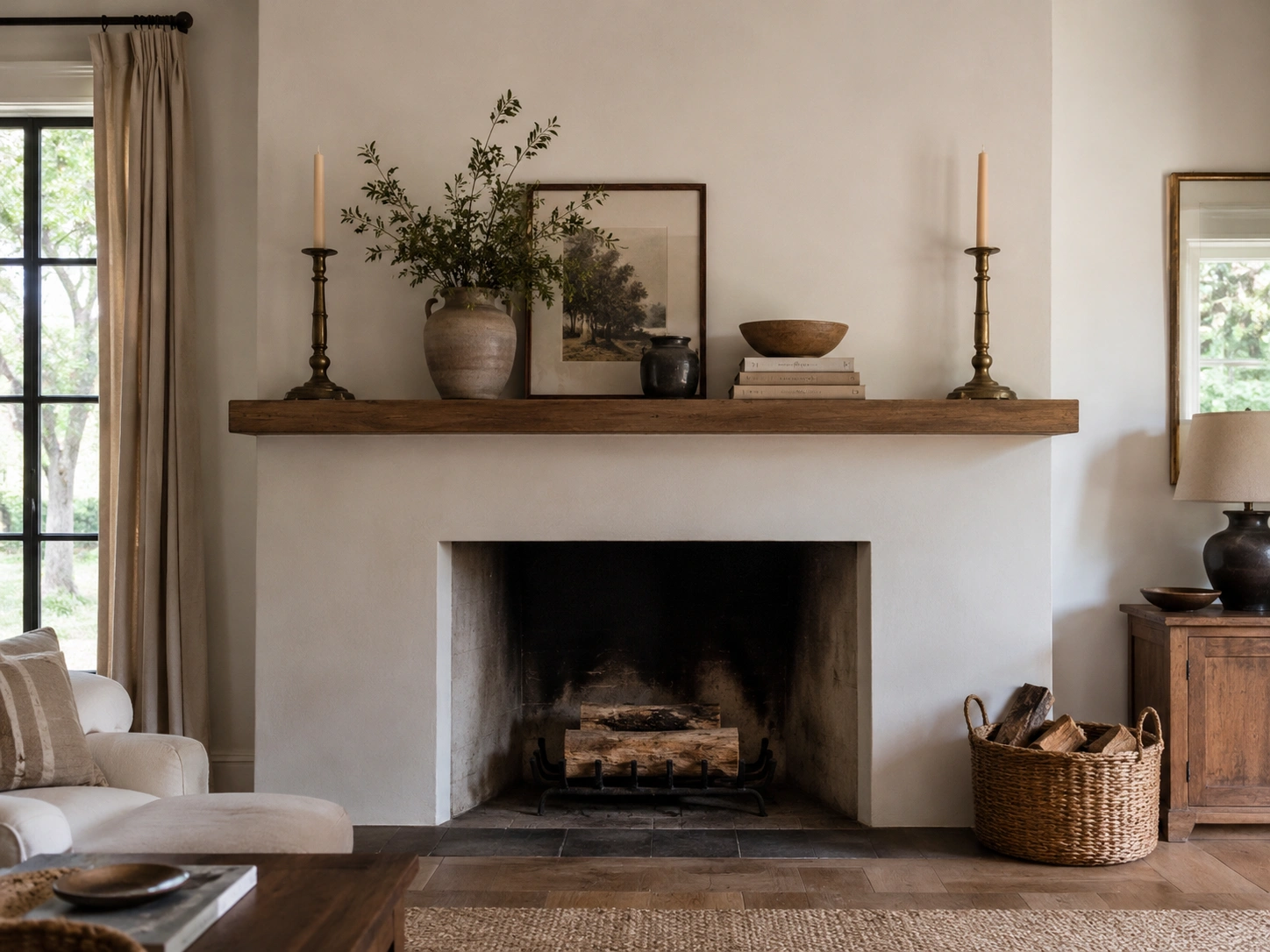 Matching brass candlesticks frame a rustic wood fireplace mantel styled with artwork, books, pottery, and greenery.