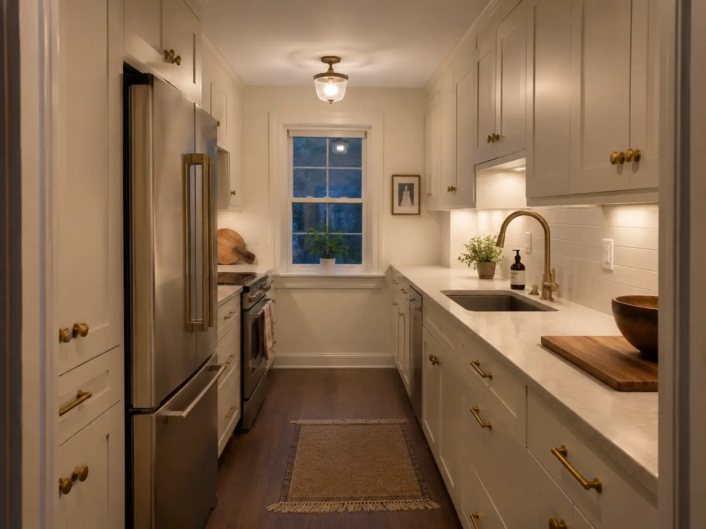Two-wall galley kitchen with matching brass hardware on cabinets, fridge, and sink faucet.