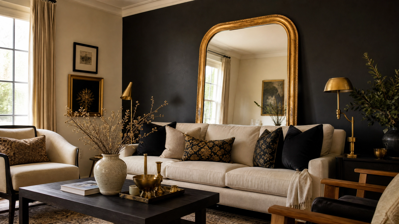 Elegant living room with matte black accent wall, oversized gold mirror, cream sofa, and brass decor.
