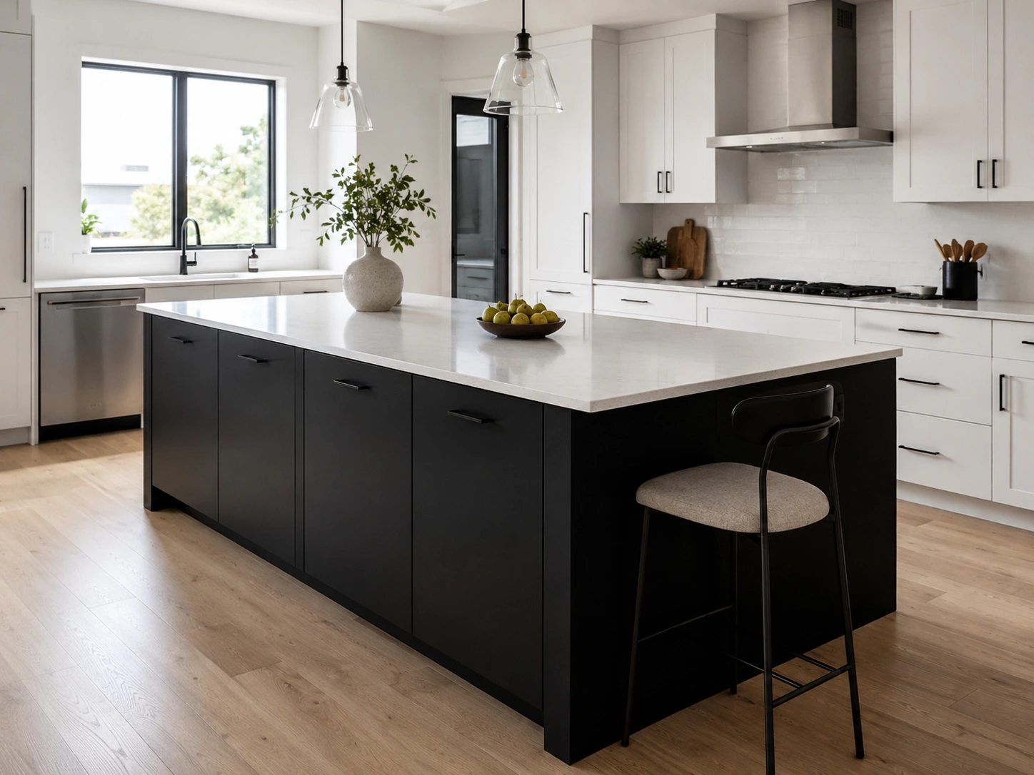 Matte black kitchen island with a white countertop in a bright white perimeter kitchen.