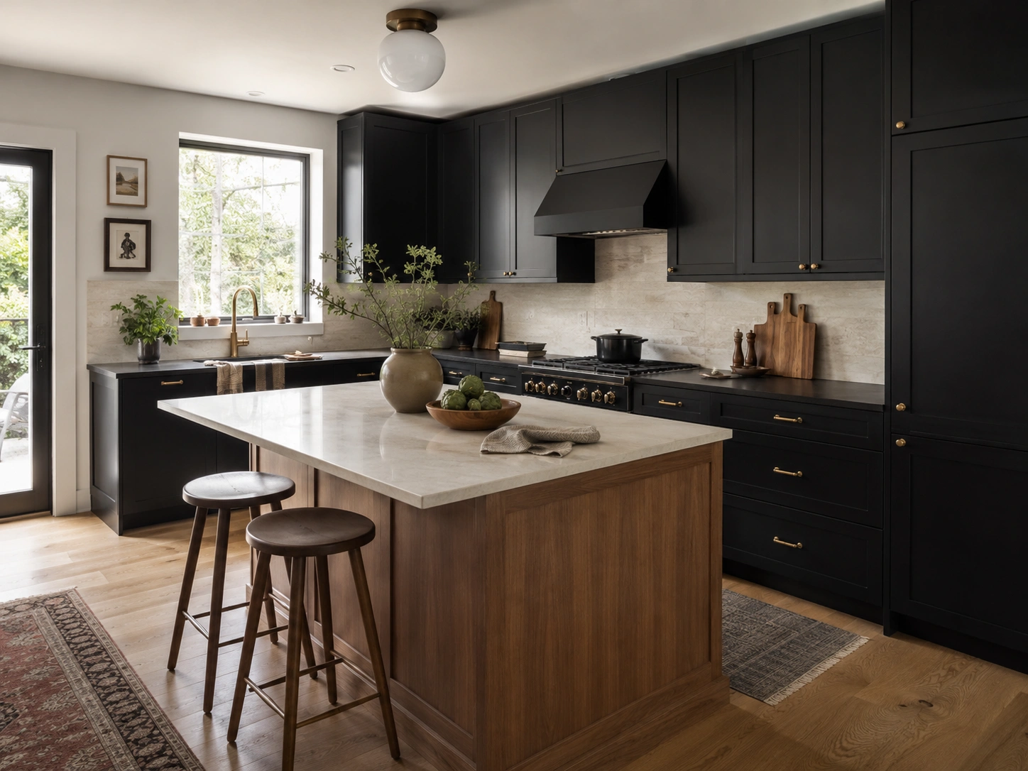 Matte black kitchen cabinets with a natural wood island, stone countertop, brass hardware, and warm wood floors.