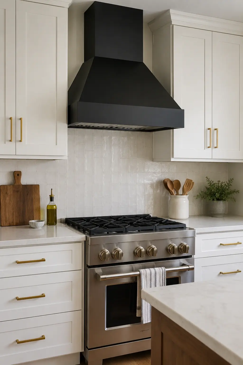 Matte black range hood with white cabinets, brass knobs, zellige tile backsplash, and stainless stove.