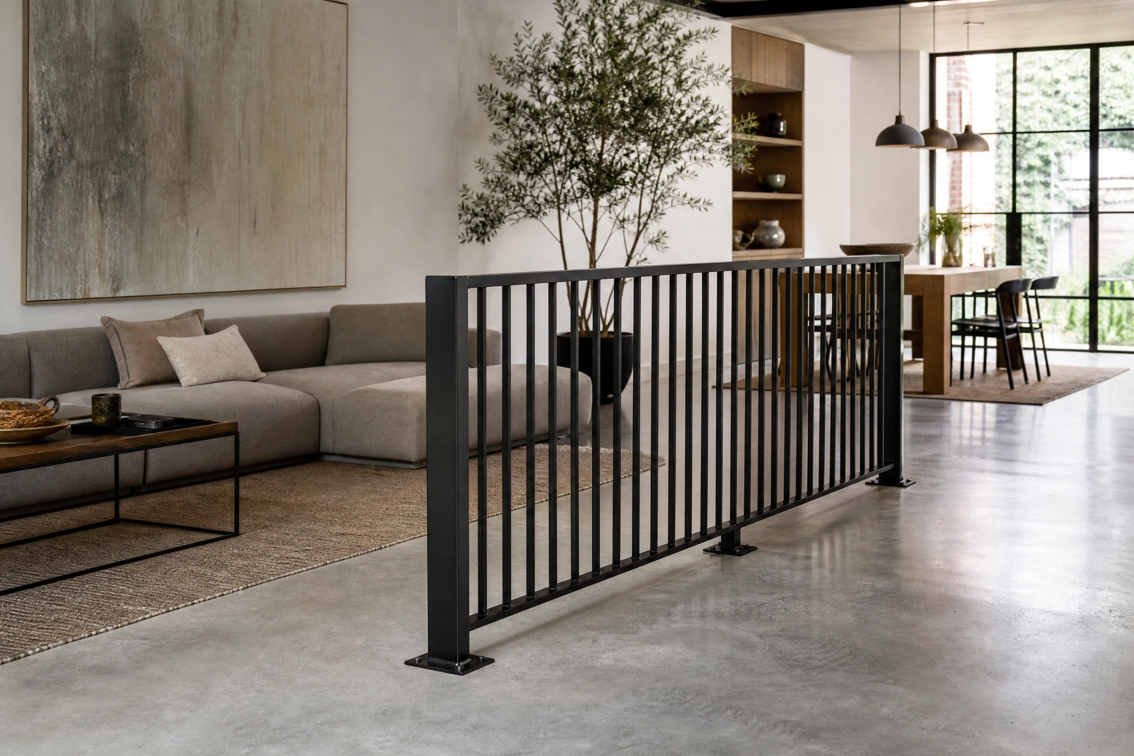 Matte black steel railing divider separating a modern loft living room and dining area