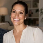 Editorial portrait-style image of a woman in a warm indoor setting for a Maureen E. McPhilmy biography article.