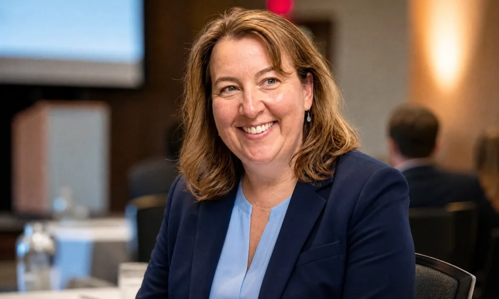 Maureen Fulton of Omaha smiling at a professional conference on Nebraska data privacy law.