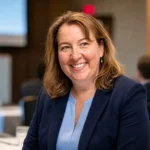 Maureen Fulton of Omaha smiling at a professional conference on Nebraska data privacy law.