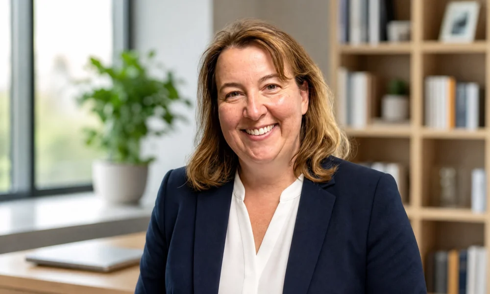 Maureen Fulton portrait-style image in navy blazer inside a modern office