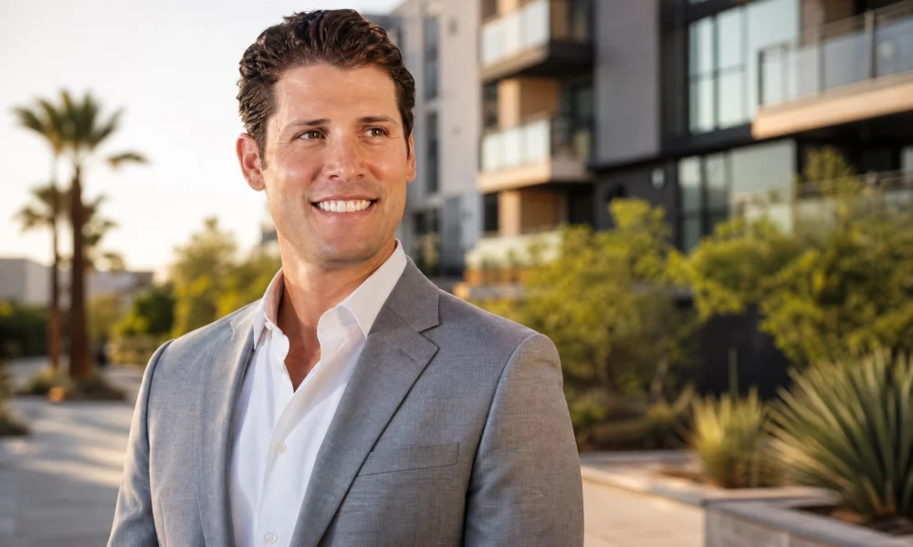 Max Dorsch in a gray suit outside a modern Phoenix apartment complex, reflecting his Taurus real estate career.