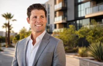 Max Dorsch in a gray suit outside a modern Phoenix apartment complex, reflecting his Taurus real estate career.