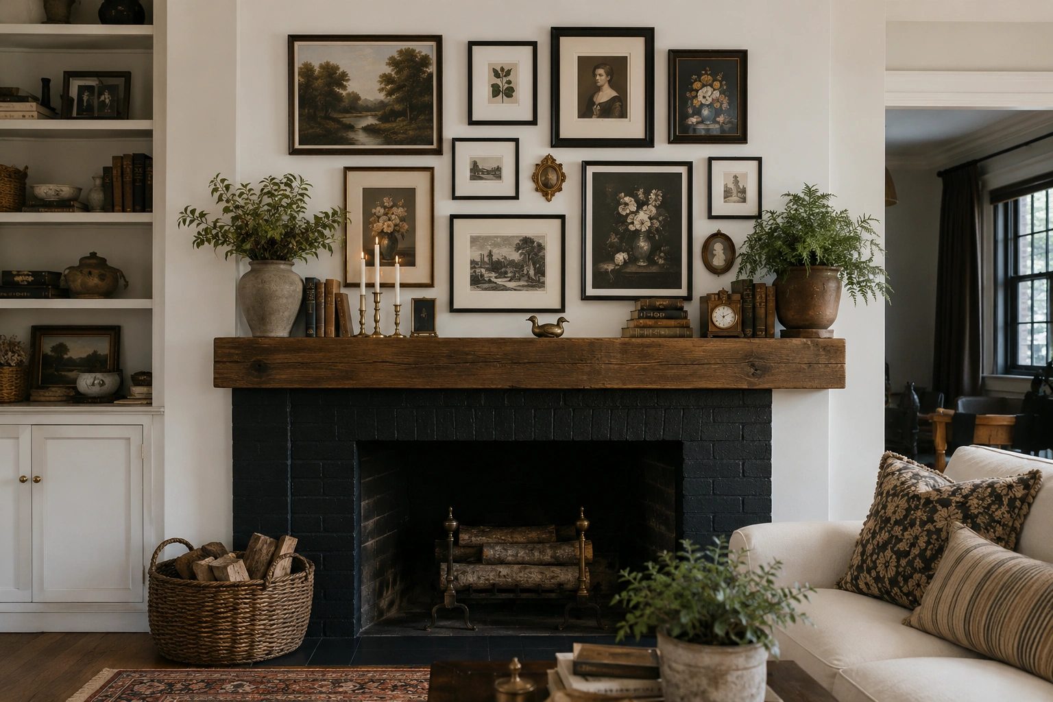 Maximalist gallery wall above a rustic wood mantel with vintage art, plants, and black fireplace.