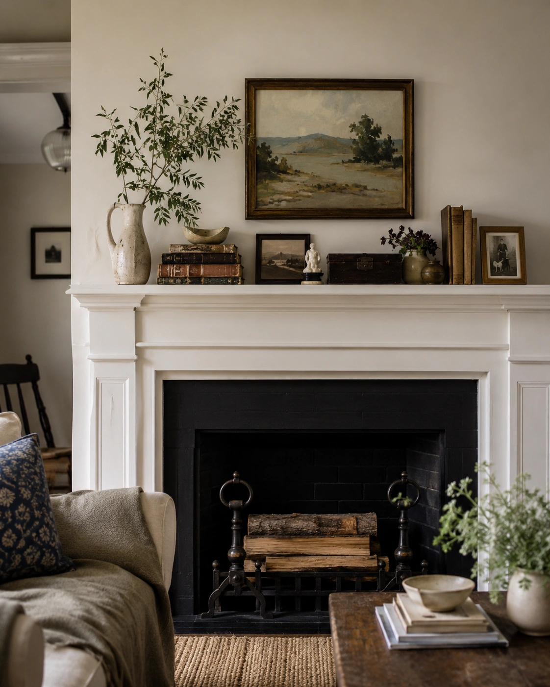Meaningful mantel decor with vintage art, old books, ceramic vase, greenery, and family photo