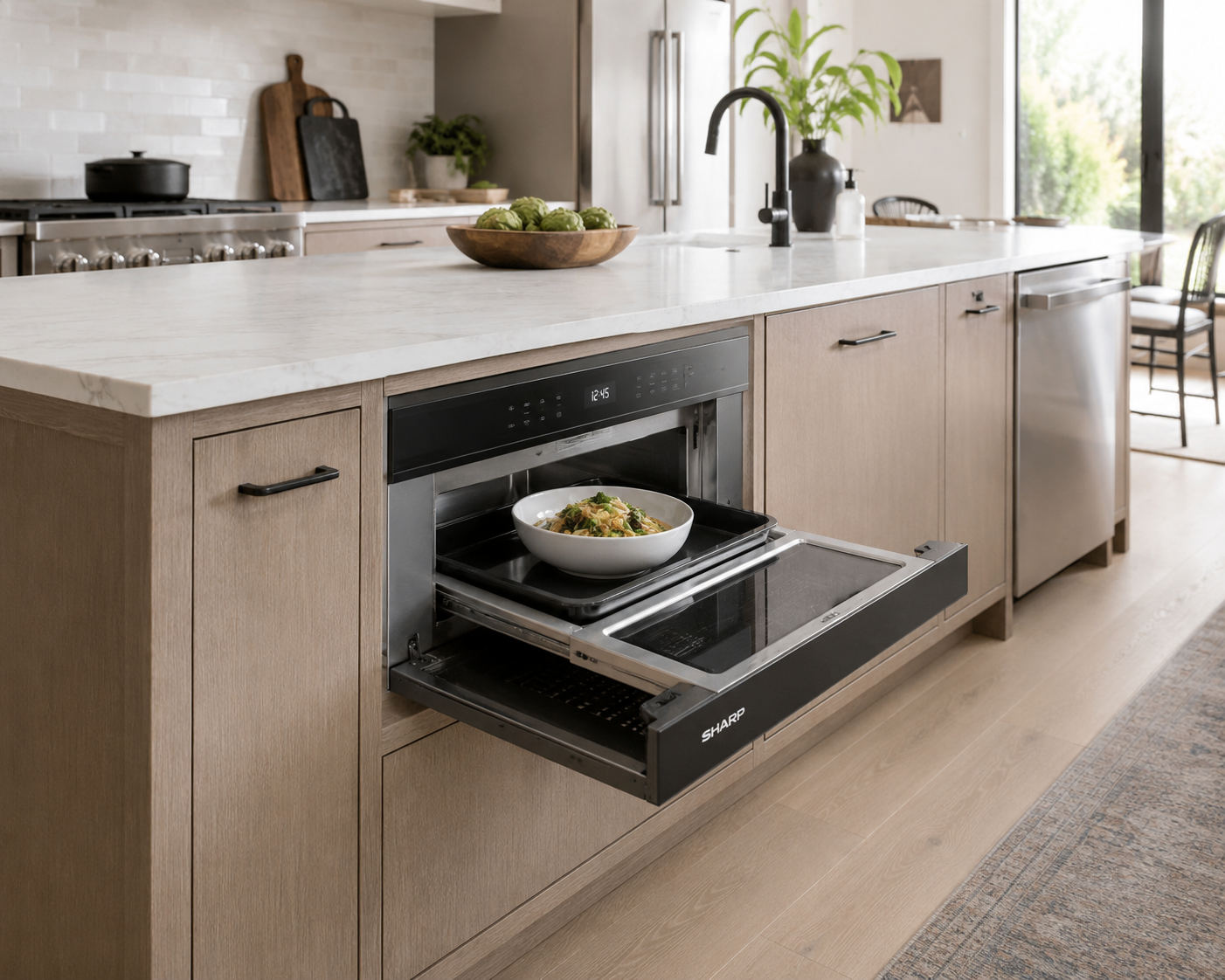 Microwave drawer built into a light wood kitchen island below a white stone countertop.